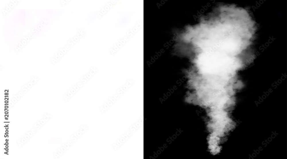 Naklejka premium Atmospheric white smoke plume on black background, ethereal steam cloud texture, realistic fog and mist overlay for creative compositing and design