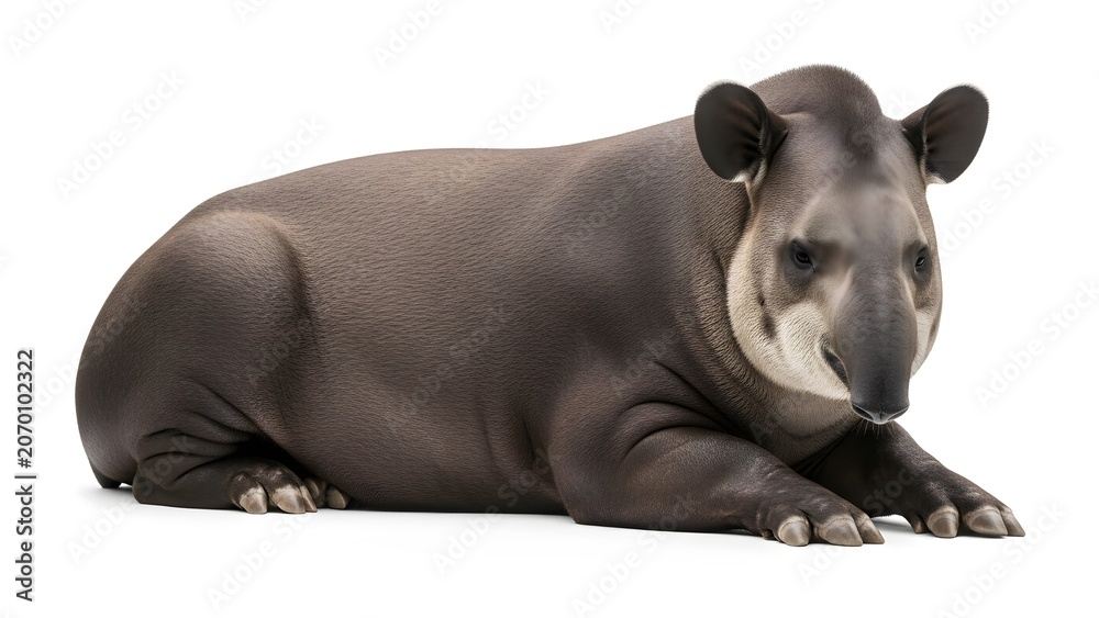 Obraz premium South American Tapir Lying Down on White Background with Detailed Fur Texture animal