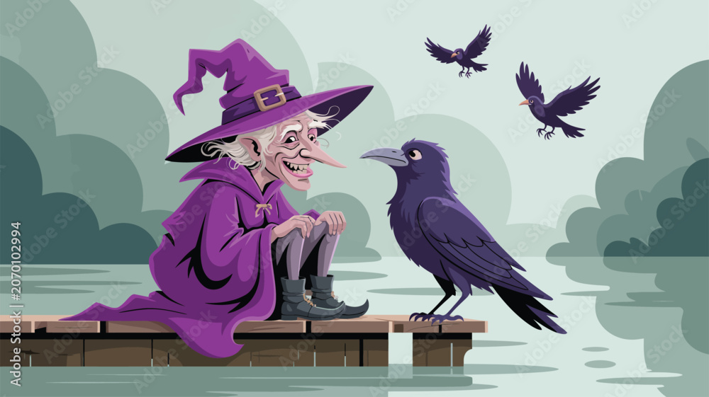 Obraz premium Old sorceress with a long nose sitting on a pier talking to a large raven bird