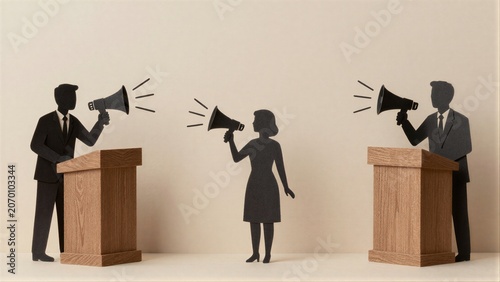 Three figures use megaphones at podiums, symbolizing public speaking or debate.