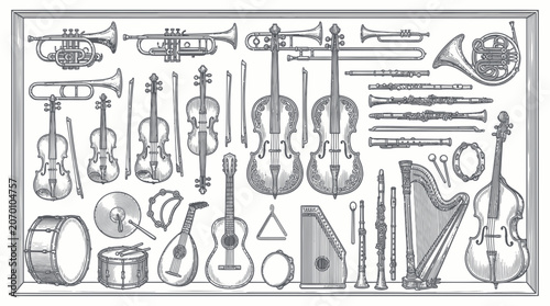 Obraz na plátně Vintage engraved musical instruments collection