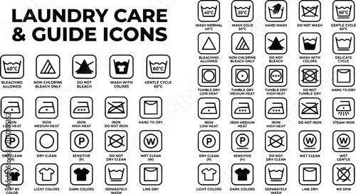 Fényképezés Laundry care and guide icons set, black garment wash instructions symbols, fabri