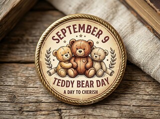 Cute vintage teddy bear day commemorative coin on wooden surface with books around
