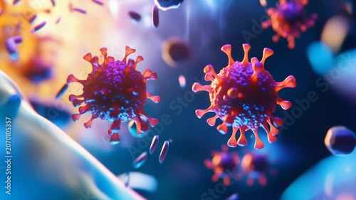 Virus particles with spike proteins infecting and replicating within human cells, representing a biological threat, infectious disease, and immunology research at a microscopic level