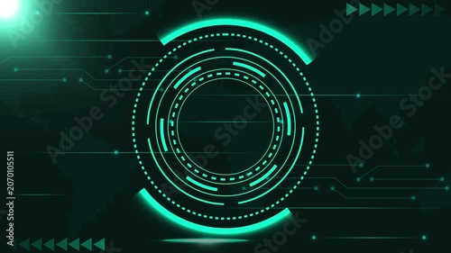 Technology animation rotates circular HUD tracking systems. Modern technology animation flashes teal user interface rings. Clean technology animation maps global network charts.