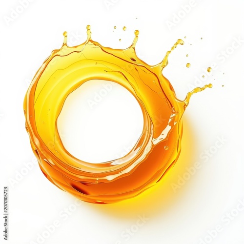 Golden liquid forms circular splash. Dynamic motion, vibrant color, isolated on white background. Viscous fluid creates interesting shape.