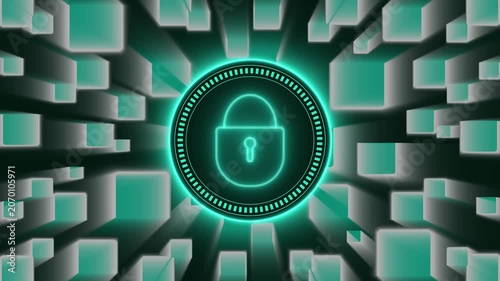 Technology security animation models teal neon padlock signs. High tech technology security animation arrays cube blocks. Privacy technology security animation guards internet data.