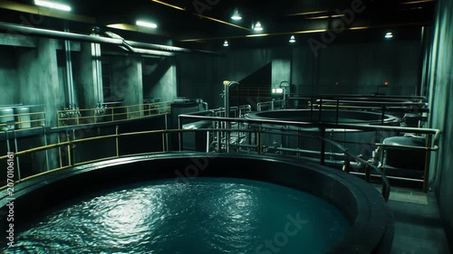 Dimly lit industrial facility with large water tanks containing turquoise liquid, surrounded by complex piping systems and catwalks in a secretive laboratory environment
