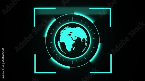 Global animation tracks cyan Earth world globes. Technical global animation locks tracking target reticles. Connected global animation wires communication internet lines.