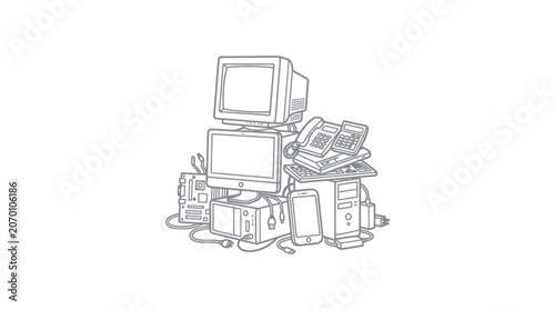 Electronic Waste Pile Outline Vector Illustration