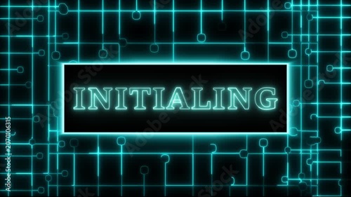 Animation updates cyan neon system initiation labels. Technical animation wires digital circuit board layouts. Modern animation loops electronic machine terminal scripts.