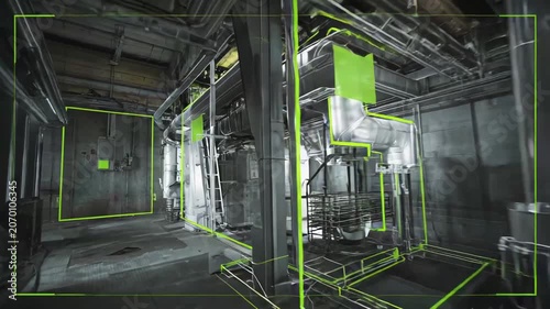 Innovative industrial environment blending real infrastructure with virtual 3d scanning overlays, demonstrating augmented reality applications and advanced digital twin engineering technology
