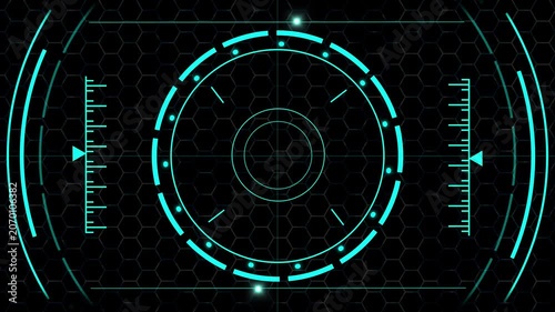 Heads up display animation panels cyan HUD screens. Technical heads up display animation spins circular targeting reticles. Minimal heads up display animation templates scales.