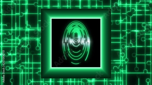 Biometric animation scans green neon fingerprint marks. Technical biometric animation frames square interface lines. Safe biometric animation screens circuit board networks.