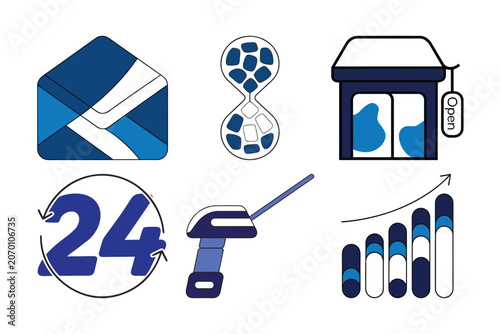 Set of modern blue business icons featuring digital communication tools logistics symbols commerce and growth charts for professional web design.