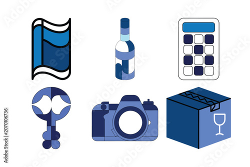 Minimalist blue icon collection showcasing creative objects like camera bottle calculator gift box and decorative abstract key symbol elements.