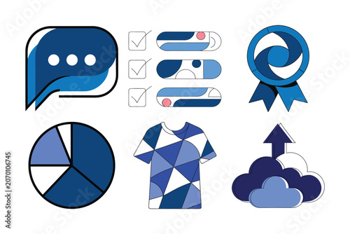 Professional blue UI and UX design assets featuring speech bubble checklist award ribbon pie chart clothing shirt and cloud upload icon set.