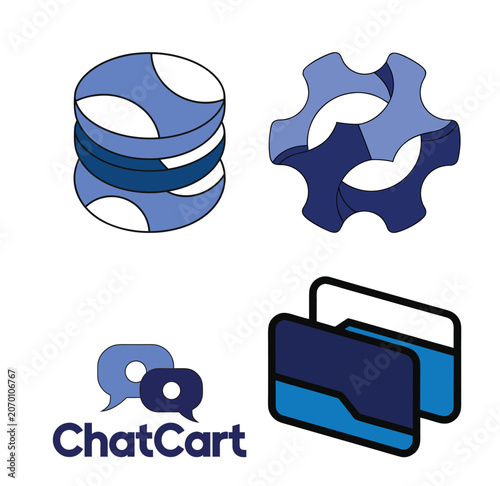 Customer support and data processing illustration with chat bubbles logo folder icon database cylinder and gear mechanism visual elements.