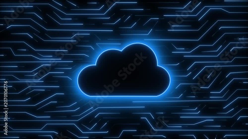 Cloud computing data animation glows blue system files. Connected cloud computing data animation tracks circuit boards. Privacy cloud computing data animation shields servers.