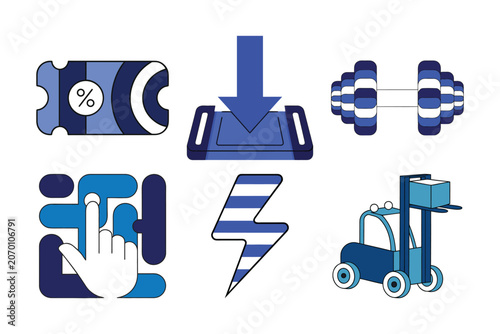 Blue industrial and commerce icons depicting discount ticket download button gym weight touchscreen interaction lightning bolt forklift truck.
