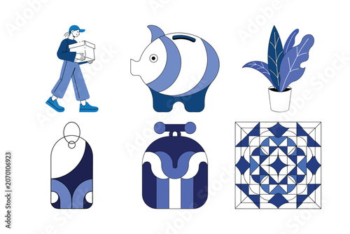 Finance and daily life icons featuring courier delivering parcel piggy bank houseplant clothing tag and abstract floral motif.