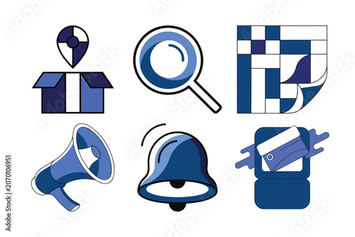 Marketing and communication vector icon set featuring location pin megaphone notification bell and abstract geometric patterns.