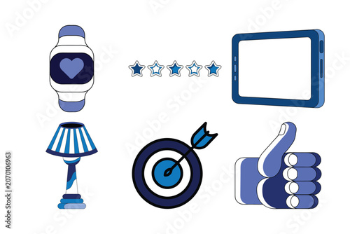 Lifestyle and marketing vector icons collection featuring smart watch five star rating tablet lamp target and thumbs up like symbol.