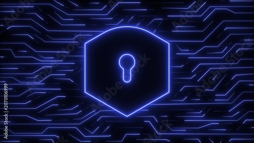 Security protection animation locks neon blue shield symbols. Privacy security protection animation marks circuit lines. Safe security protection animation secures server systems.