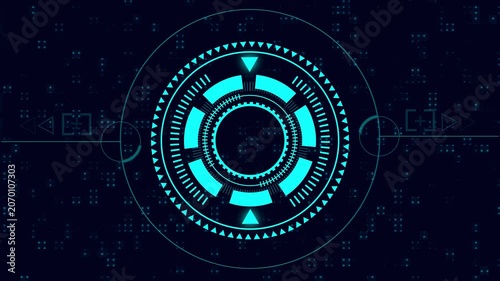 Photo animation displays cyan digital HUD dashboards. Technical photo animation shapes futuristic geometric pattern lines. Clean photo animation tracks system data screens.