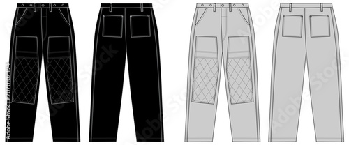 Men's Cargo Work Pants Template Front and Back View, Quilted Knee Panel Utility Trousers Vector Illustration