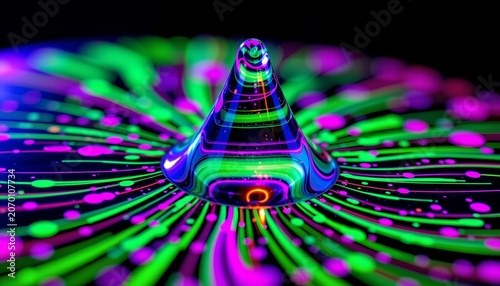 The image features a vibrant, glowing cone shaped object at the center, radiating bright neon colors such as purple, green, and blue