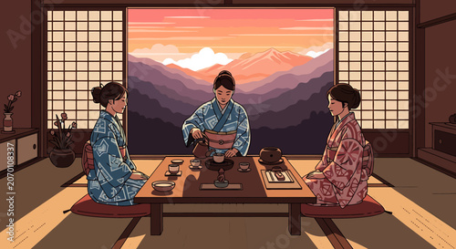Three Women Wearing Kimono Sitting.