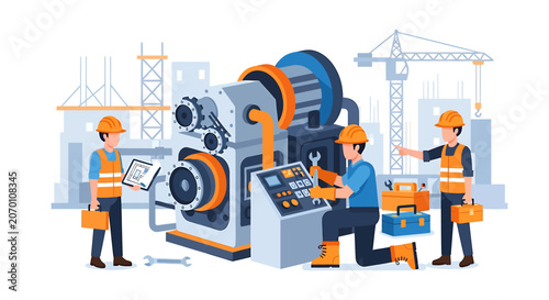 Three workers with safety gear operating.