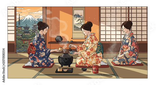 Three women wearing traditional kimonos.