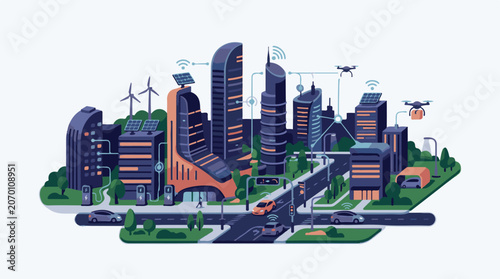 A futuristic cityscape with sleek skyscrapers solar panels and flying drones