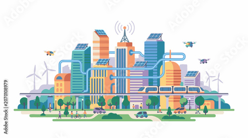 A futuristic cityscape with sleek skyscrapers solar panels and wind turbines surrounded by lush greenery and innovati