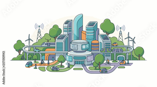 A futuristic cityscape with sleek skyscrapers wind turbines and green spaces