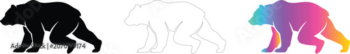 Set of three bear icons in solid black outline and vibrant gradient style