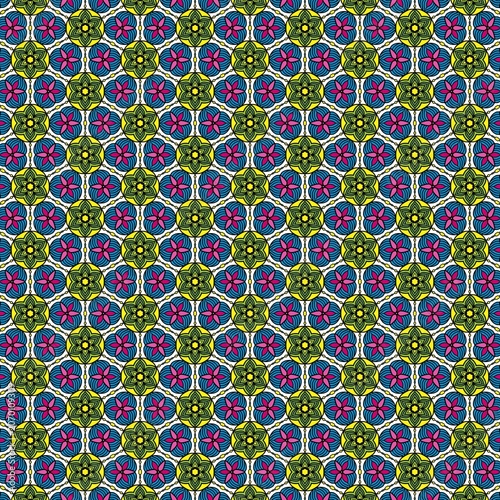 Vibrant seamless floral mandala pattern background, geometric mosaic tile texture for textile print
