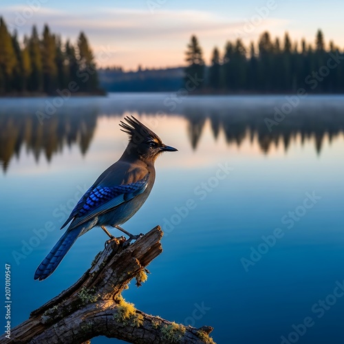 Stellers Jay Perched on a Branch Overlooking a Misty Lake at Sunrise.