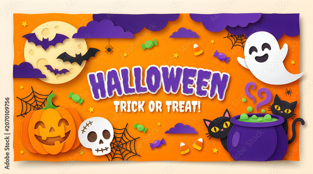 Fototapeta premium Halloween trick or treat banner with cute pumpkin ghost skull cat bats and moon on a bright orange background