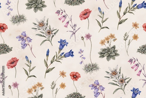 Seamless pattern of vintage botanical featuring colorful wildflowers, poppies, bellflowers, and edelweiss on a textured cream background