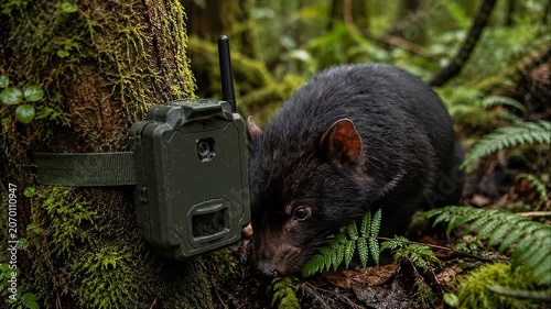 Trail camera wildlife forest nature tech research device marsupial nocturnal mammal Tasmanian devil native species conservation monitoring shy