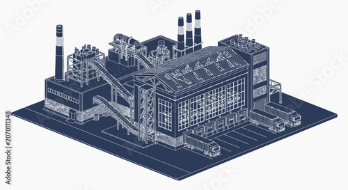 Industrial factory building with smokestacks.