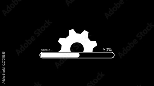 White loading progress bar with a gear on a black background showing twenty one percent completion for software installation or update