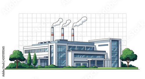 Industrial factory building with smokestacks.