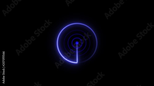 Bright blue neon radar display with circular scanning rings on a dark background for digital navigation and tracking systems