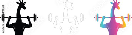 Anthropomorphic Giraffe Bodybuilder Lifting Barbell Vector Illustration Set Design