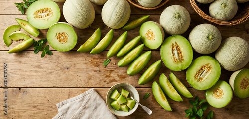 Top Down View of Rustic Wooden Table with Fresh Whole and Sliced Melons Creating a Refreshing Summer Harvest Background for Healthy Food Marketing Grocery Promotions and Commercial Advertising