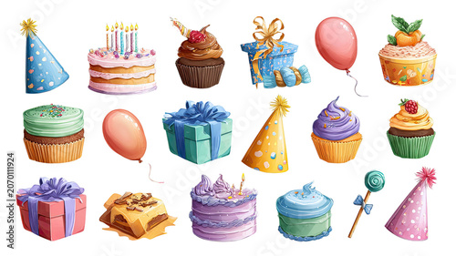 colorful birthday party celebration set with cupcakes gifts balloons sweets and festive celebration on white background 